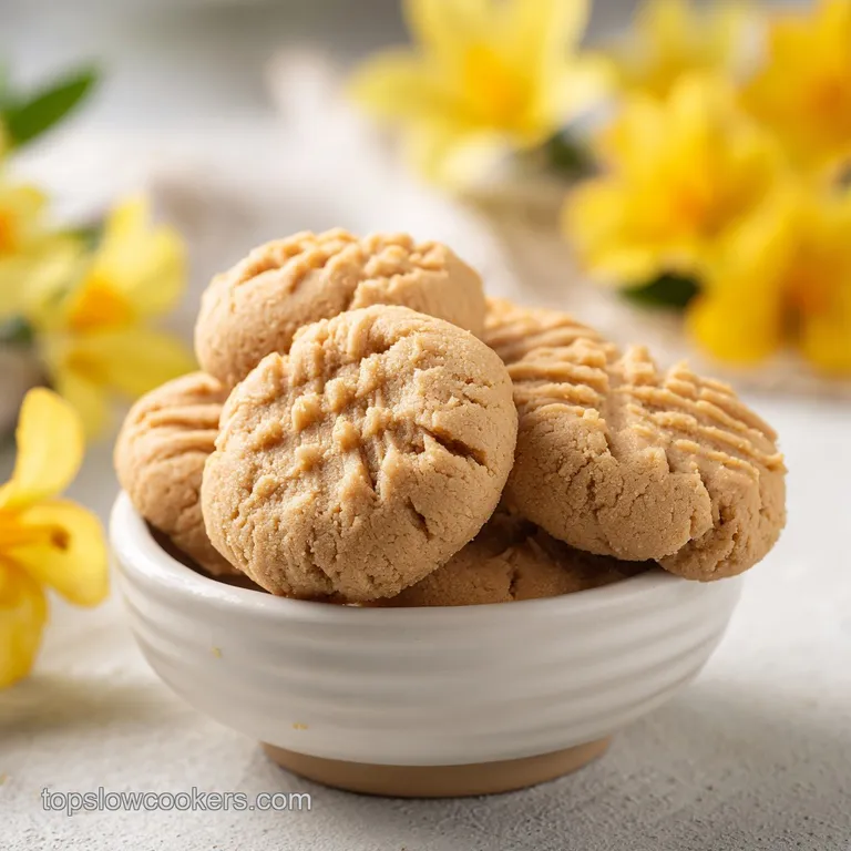 Three warm, slightly cracked peanut butter cookies artfully arranged with a dusting of sugar.