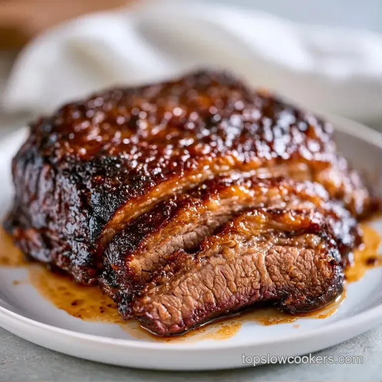 Thick slices of smoked meat resting on creamy mashed potatoes with a drizzle of glossy brown glaze and microgreens.