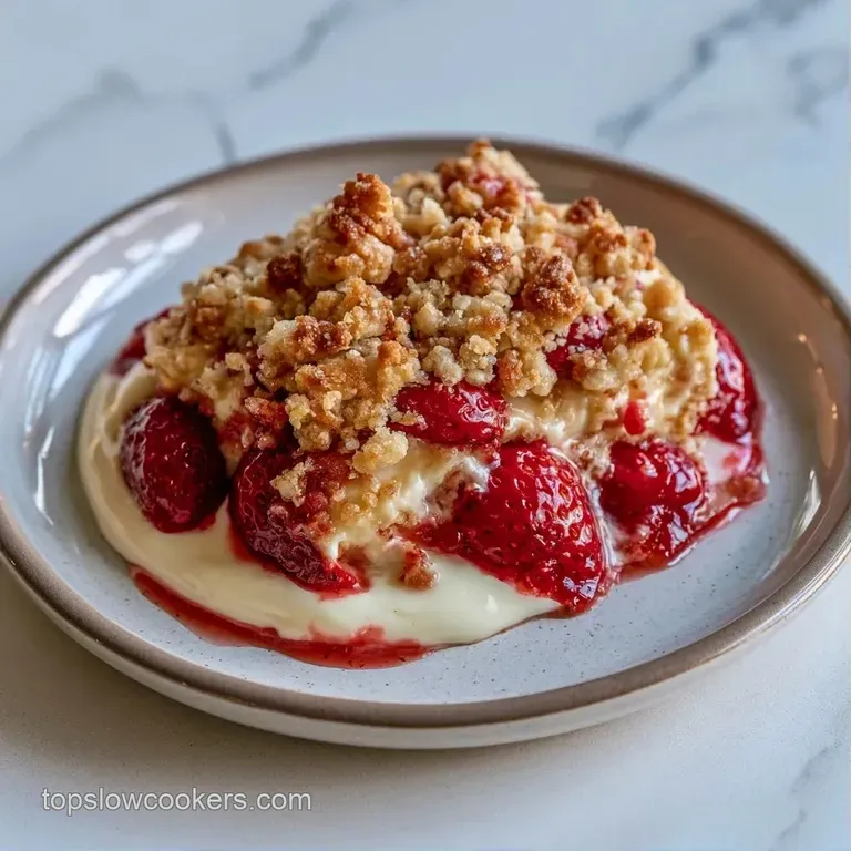 A slice of warm cobbler with a golden crust, red berry syrup, and a dollop of whipped cream on a white ceramic plate.