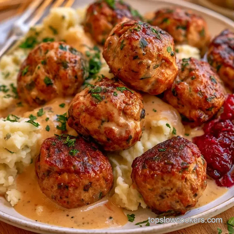 Browned savory spheres drizzled in a glossy sauce on a white plate with a dollop of bright red jam and green parsley.