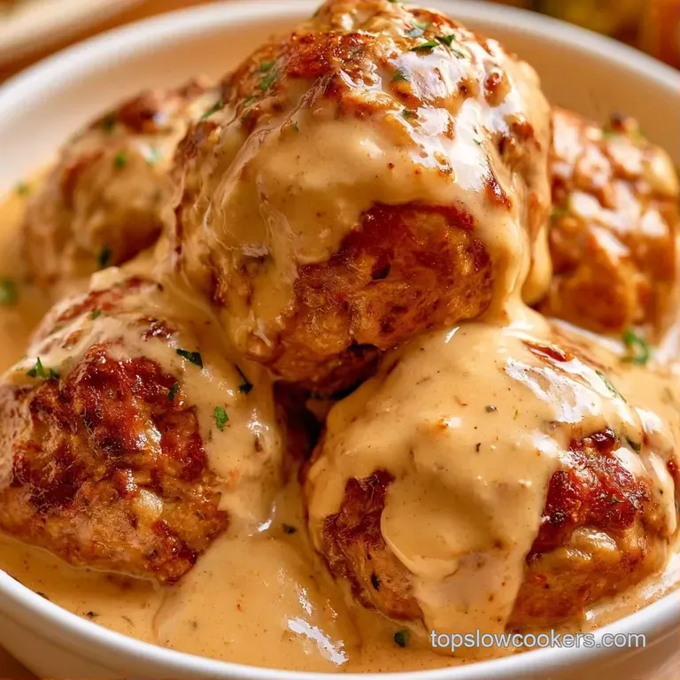 Savory browned meat spheres drizzled with velvet gravy atop fluffy mashed potatoes and a dollop of red berries.