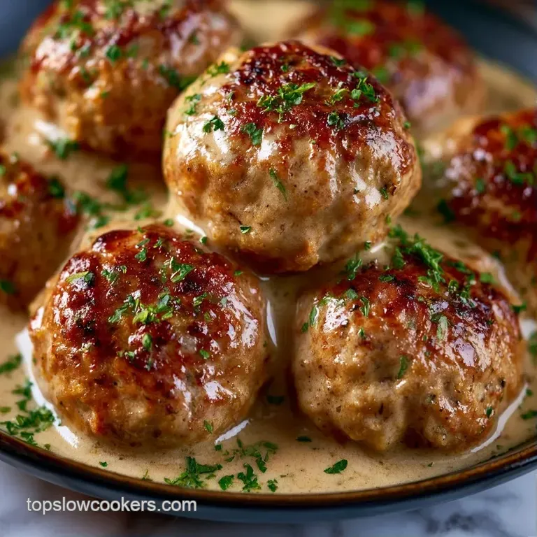 Elegant plate of seared meat spheres in a rich tan cream sauce, accented by bright red berries and fresh parsley.