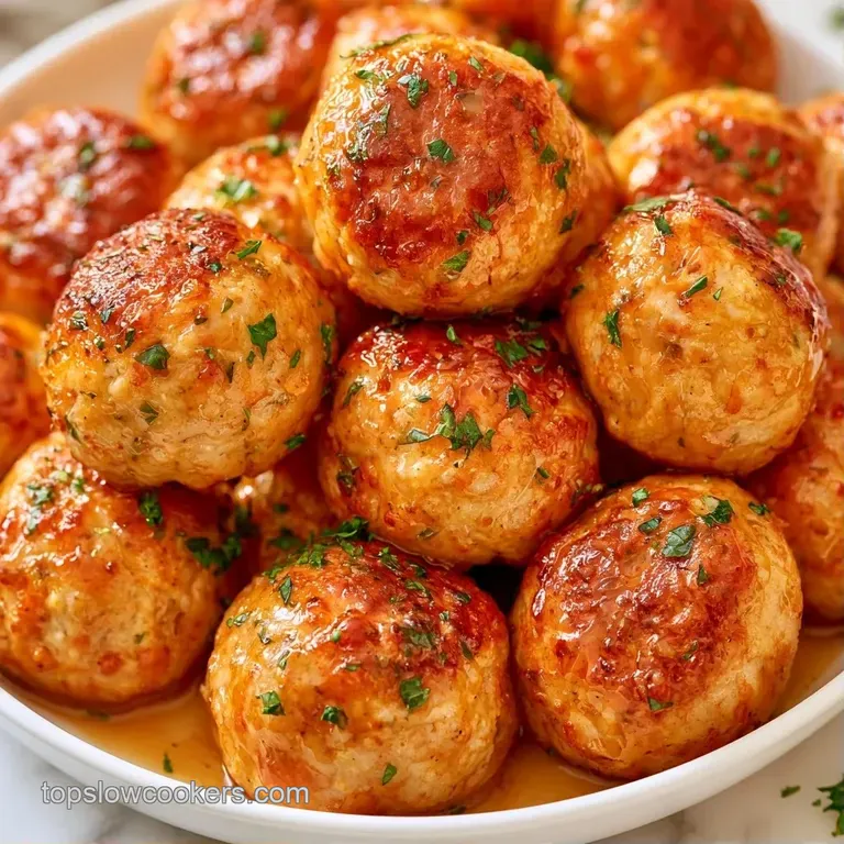 Elegant plating of seared meat spheres on a white ceramic dish with a silky garlic glaze and a sprig of fresh thyme.