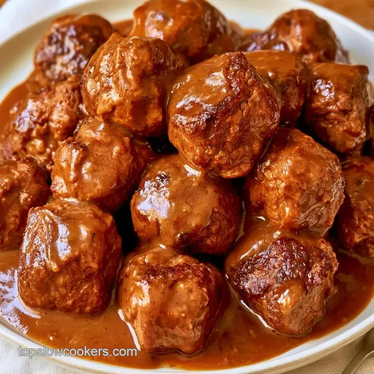 Glazed brown meatballs on a white platter, garnished with bright green parsley and sprinkled toasted sesame seeds.