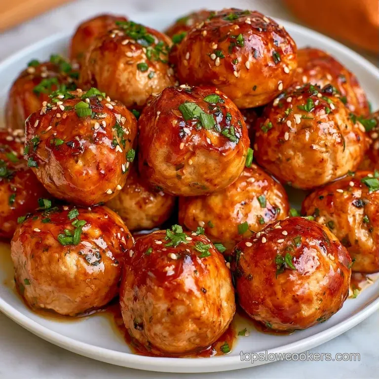 Glazed brown chicken spheres arranged on a ceramic platter, garnished with toasted sesame seeds and fresh herbs.