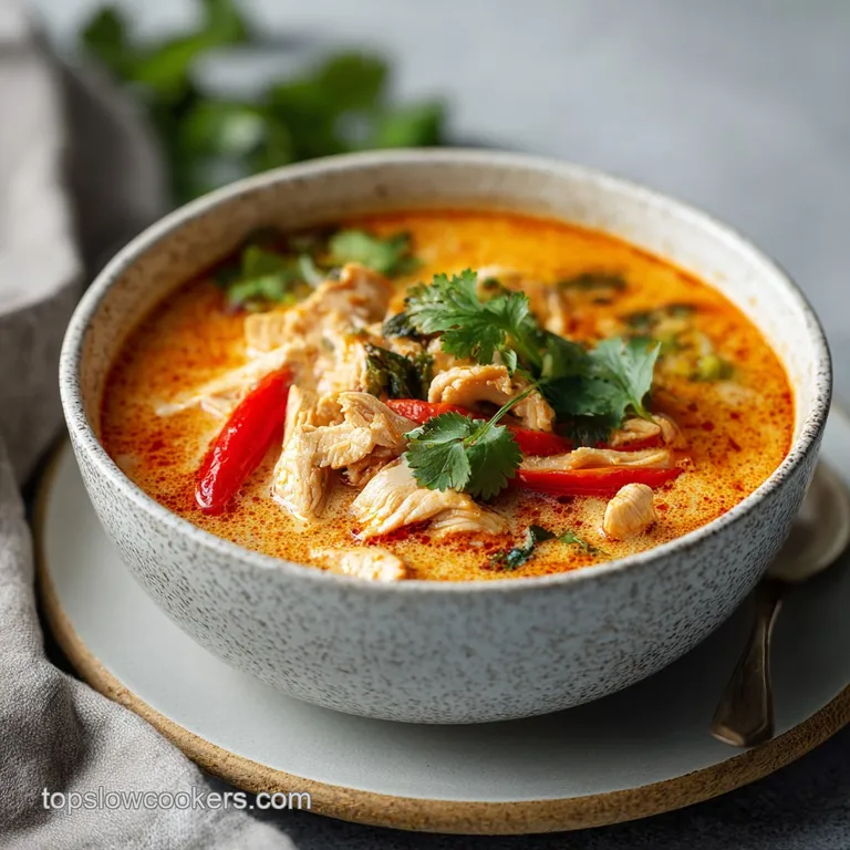 A steaming bowl of golden chicken curry soup, artfully garnished with fresh cilantro and a lime wedge.