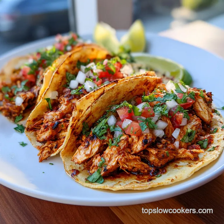 A stack of chicken tacos topped with fresh pico de gallo and a squeeze of lime on a rustic platter.
