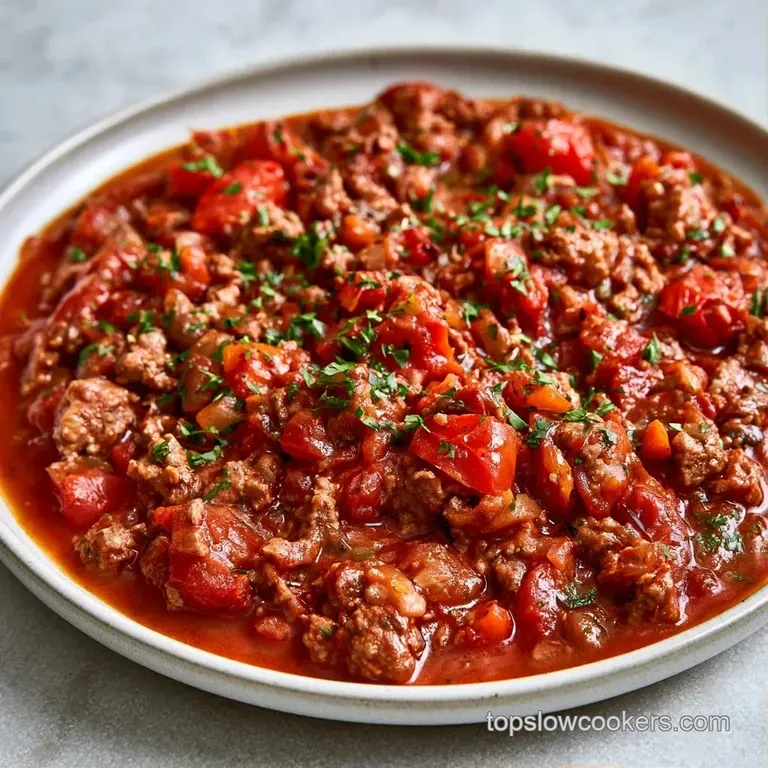 A white ceramic bowl of red beef stew topped with fresh green parsley, served on a rustic wooden table with bread.
