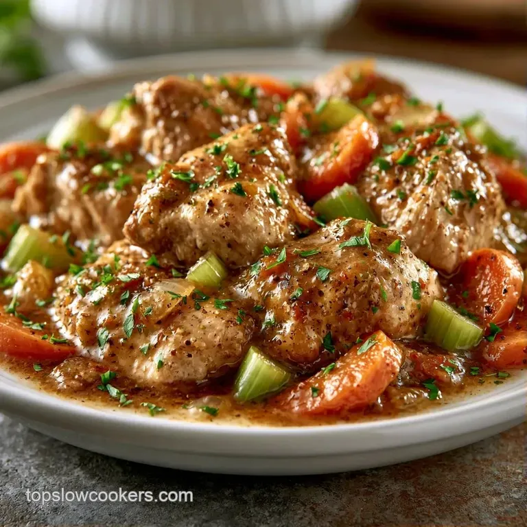 A shallow white bowl of velvety chicken stew topped with fresh parsley and served with a crusty bread slice.