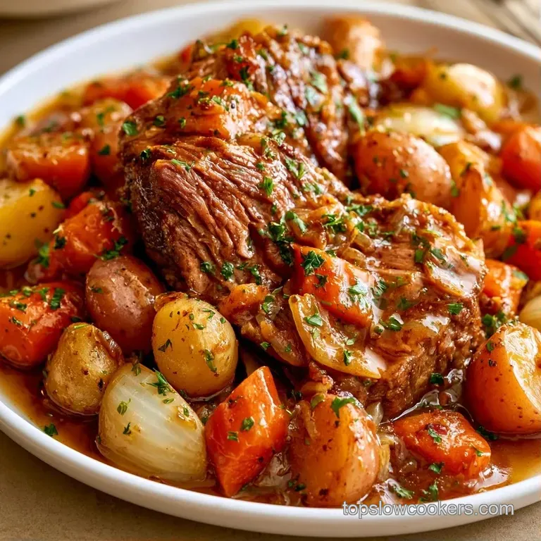 Sliced succulent beef and golden baby potatoes arranged on a platter, topped with a rich brown sauce and rosemary.